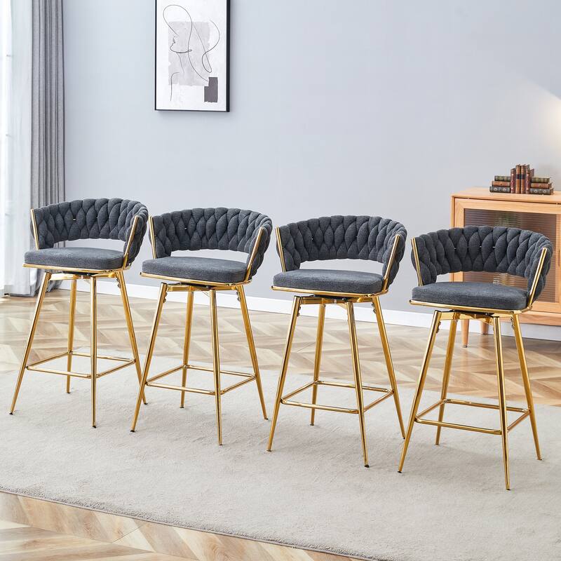 Set of 4 Swivel Bar Stools with Black Linen-Cotton Seat & Golden Metal Legs for Restaurants & Bars