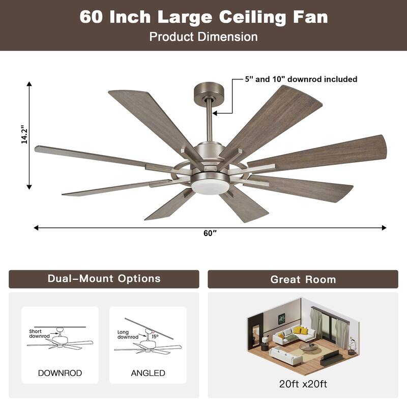 60" Walnut Wood 8-Blade Barn Windmill LED Ceiling Fan with Remote