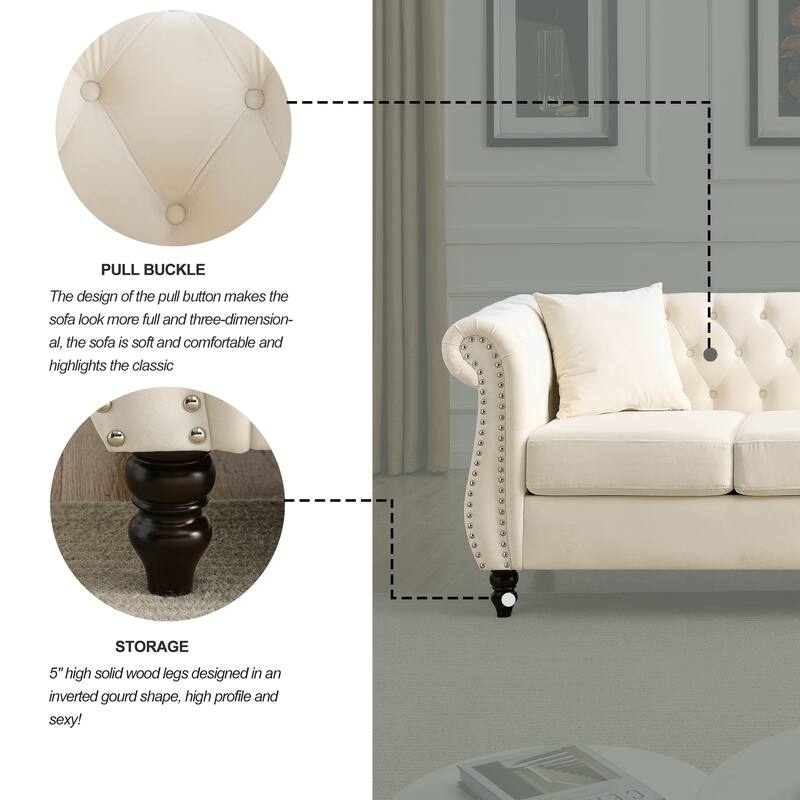 Chesterfield Black Velvet Sofa - 3-Seater Tufted Couch with Rolled Arms and Nailhead Trim, Includes Two Pillows for Living Room