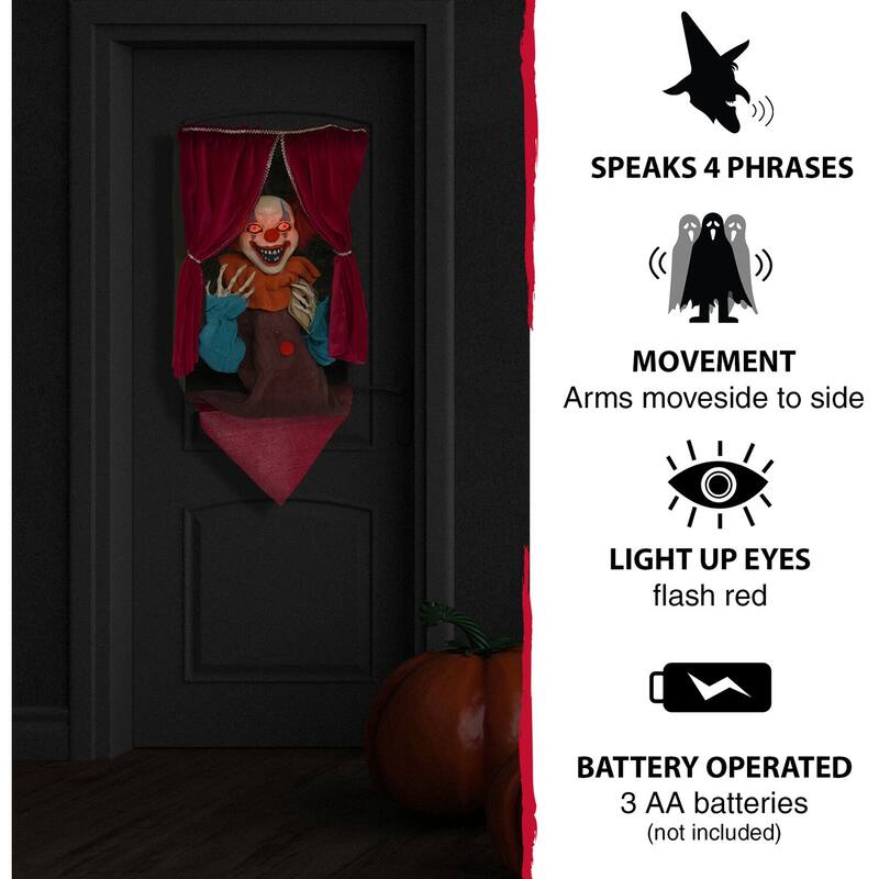 Haunted Hill Farm Animatronic Clown, Indoor/Outdoor Halloween Decoration, Flashing Red Eyes, Talking, Battery-Operated