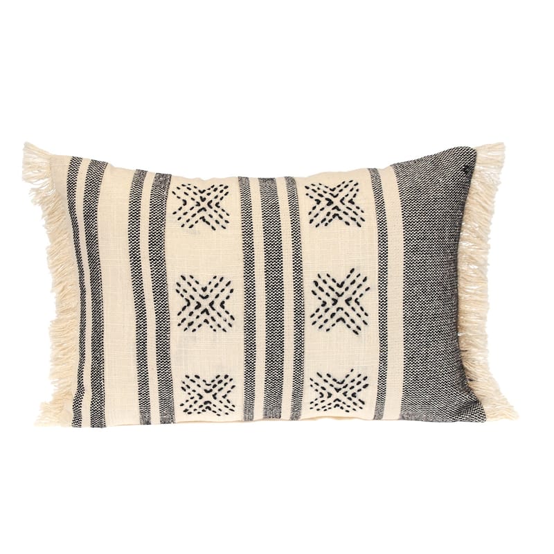 HomeRoots 14" X 20" Beige and Black Southwestern Cotton Throw Pillow With Fringe