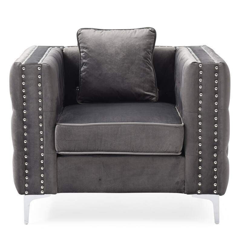 Button Tufted Velvet Accent Chair with Square Pillow - 40" - Gray