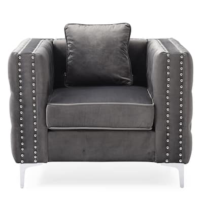 Button Tufted Velvet Accent Chair with Square Pillow - 40" - Gray