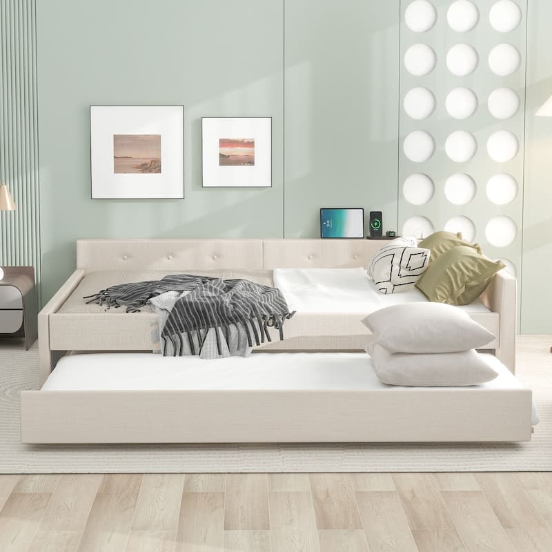 Queen/Full Size Upholstered Platform Bed with USB and Twin Size Trundle