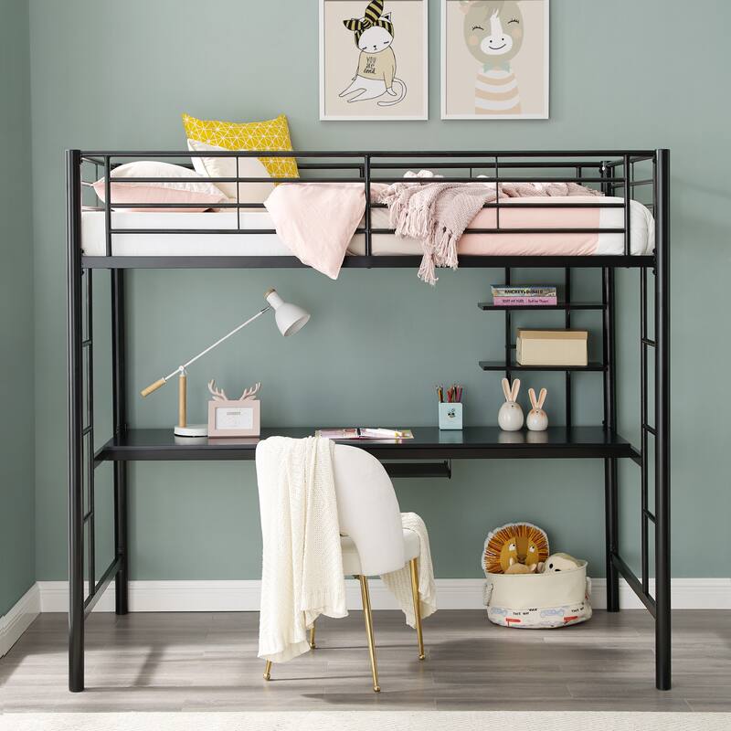 Walker Edison Abner Black Metal Twin Loft Bed with Desk
