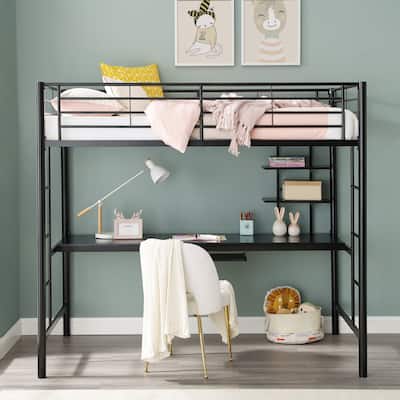 Walker Edison Abner Black Metal Twin Loft Bed with Desk