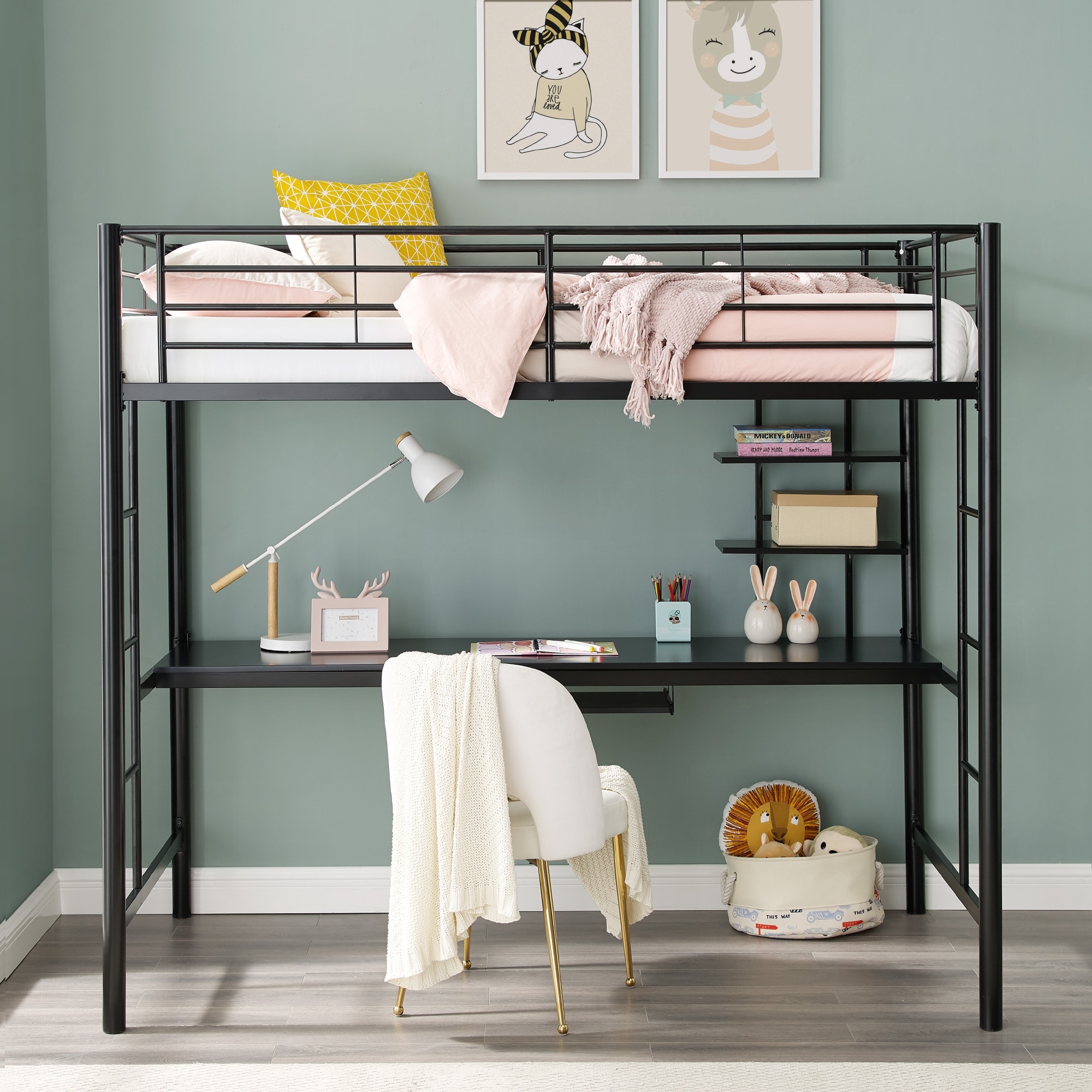 Walker Edison Abner Black Metal Twin Loft Bed with Desk