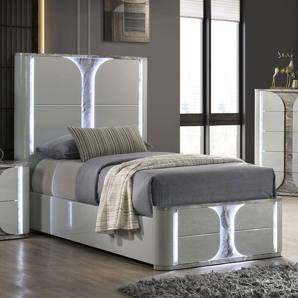 slide 2 of 7, Furniture of America Sherri Modern Light Grey Wood Kids Platform Bed with LED on Headboard Full