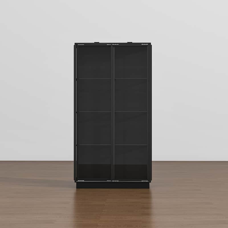 Modern Black Display Cabinet with Glass Doors, 75” Tall Curio Cabinet with Tempered Glass Shelves Bookshelves LED Light
