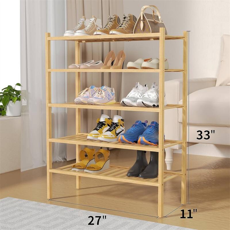 5 Tier Bamboo Shoe Rack for Closet Free Standing Wood Shoe Shelf - 11"D x 27"W x 33"H