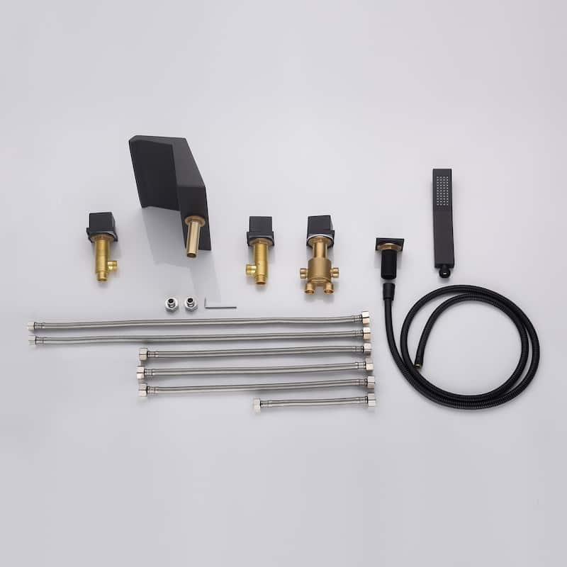 Waterfall Tub Filler Bathtub Faucet matte black 5-Hole 3-Handle Solid Brass Bathroom Bath Tub Faucets - 9'6" x 13'6"