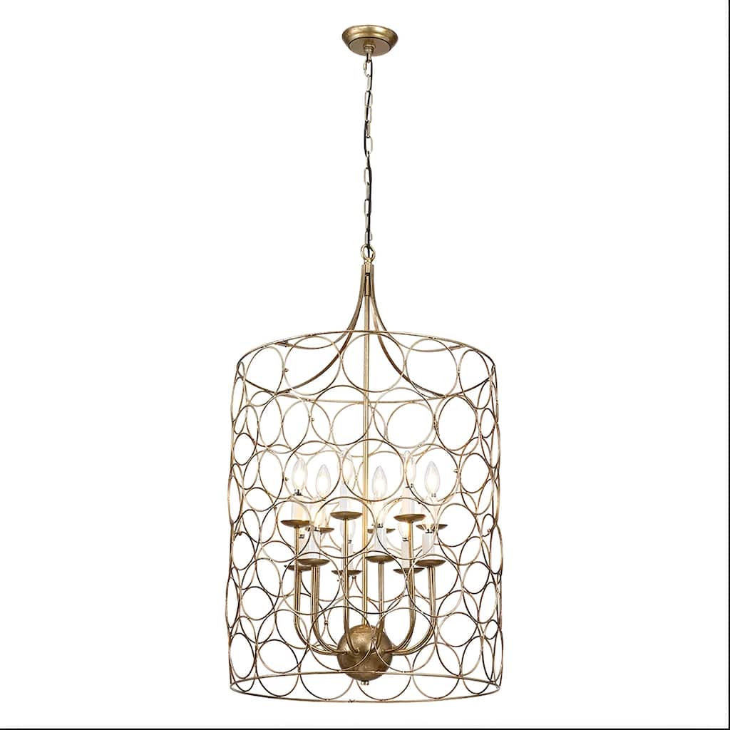 12 - Light Dimmable Lantern Drum Farmhouse Antique Gold Chandelier - Distressed Brass