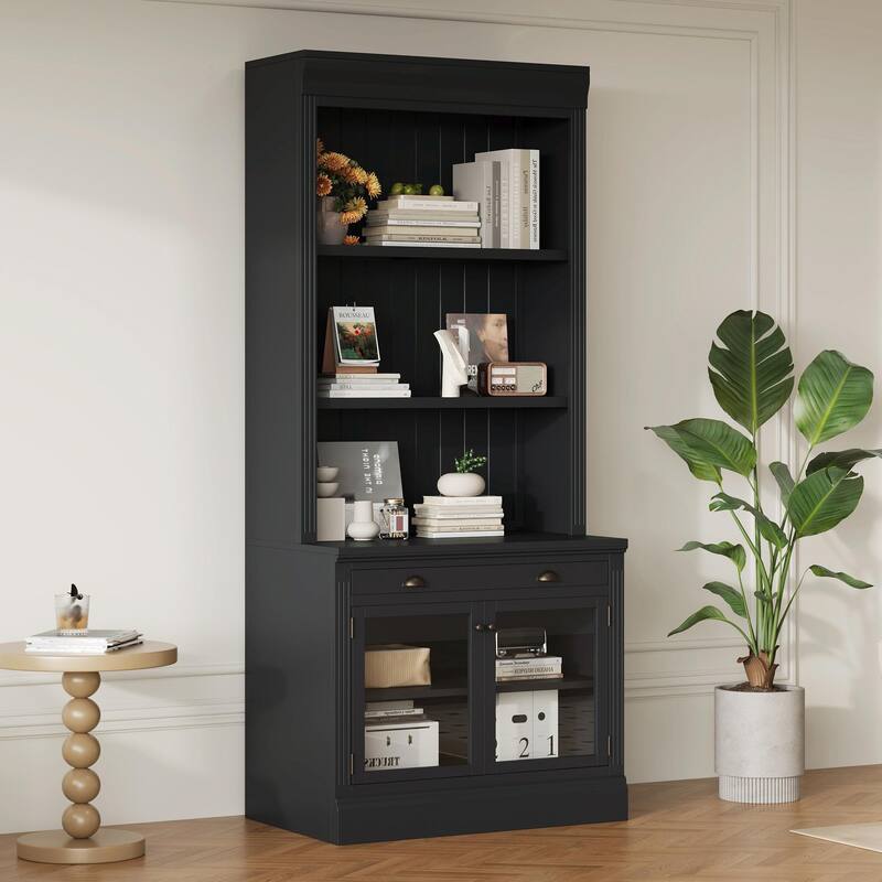 83.4" Tall Bookshelf, Modern Bookcase with 2 Glass Doors, 1 Drawer & Open Shelves - Black