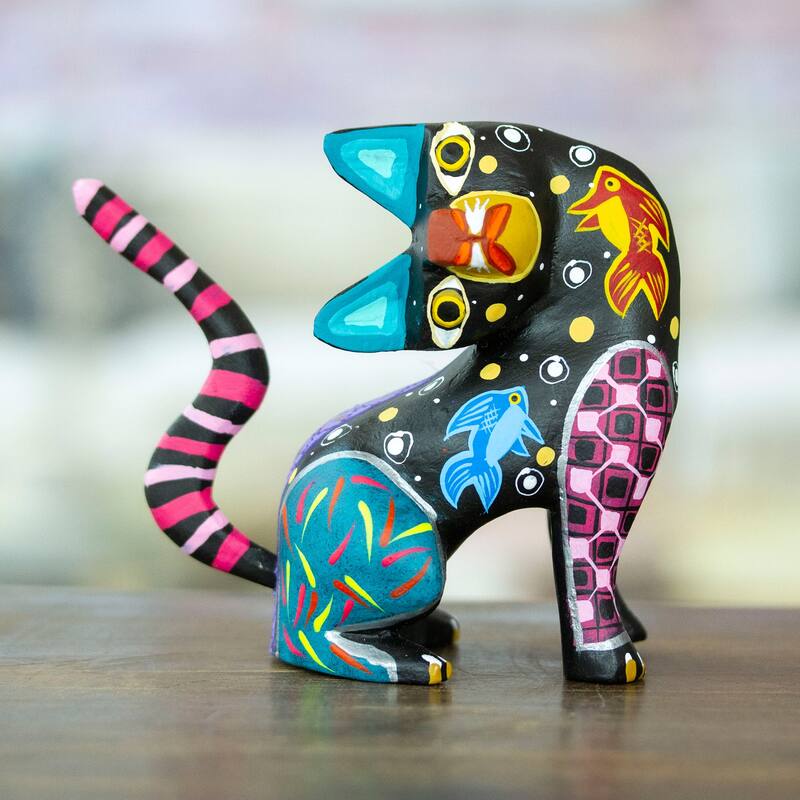 Novica Handmade Nocturnal Feline Questions Wood Alebrije Figurine