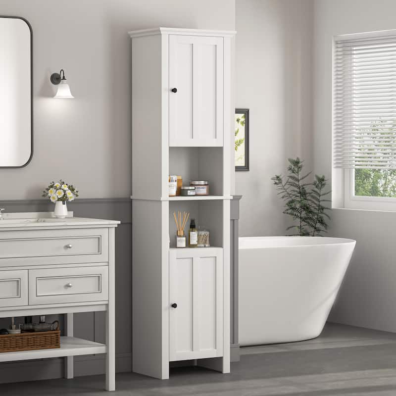 Tall Bathroom Storage Cabinet, Double Door Wood Corner Cabinet, Kitchen Pantry Cabinet with 6 Shelves for Laundry Room, Kitchen