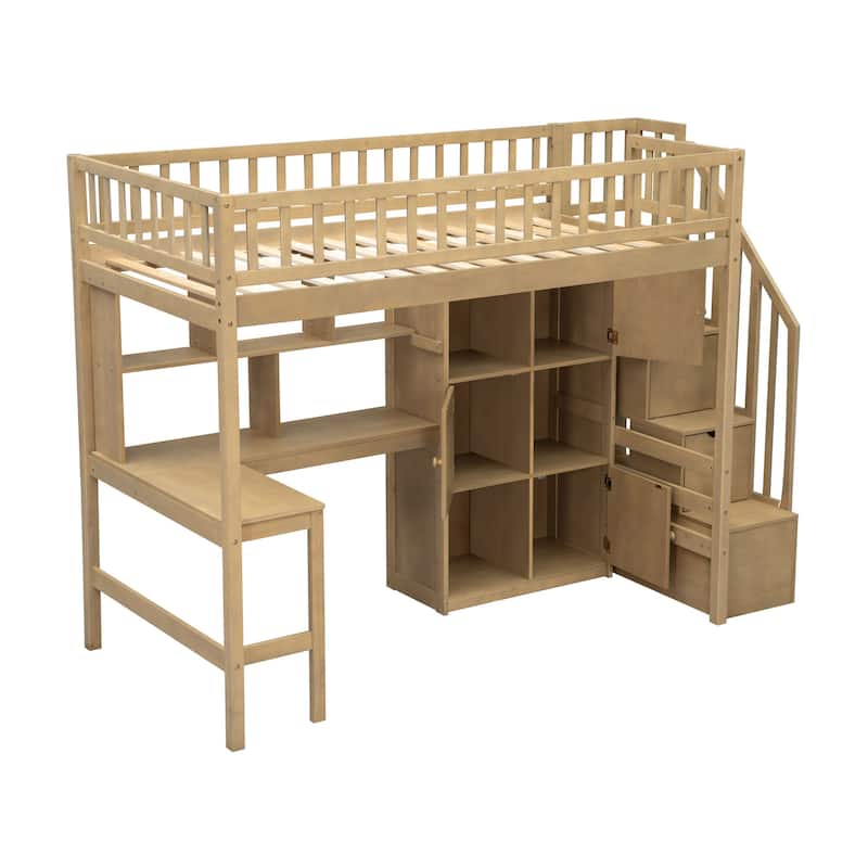 Twin Loft Bed in Walnut with Integrated L-Shaped Desk, LED Lighting, Multi-Tier Storage Shelves, Cabinets, and Staircase