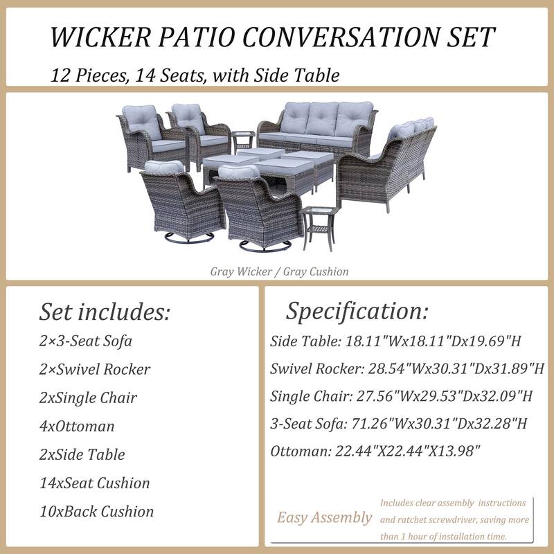 12 Piece Outdoor Wicker Patio Conversation Swivel Chairs Furniture Set
