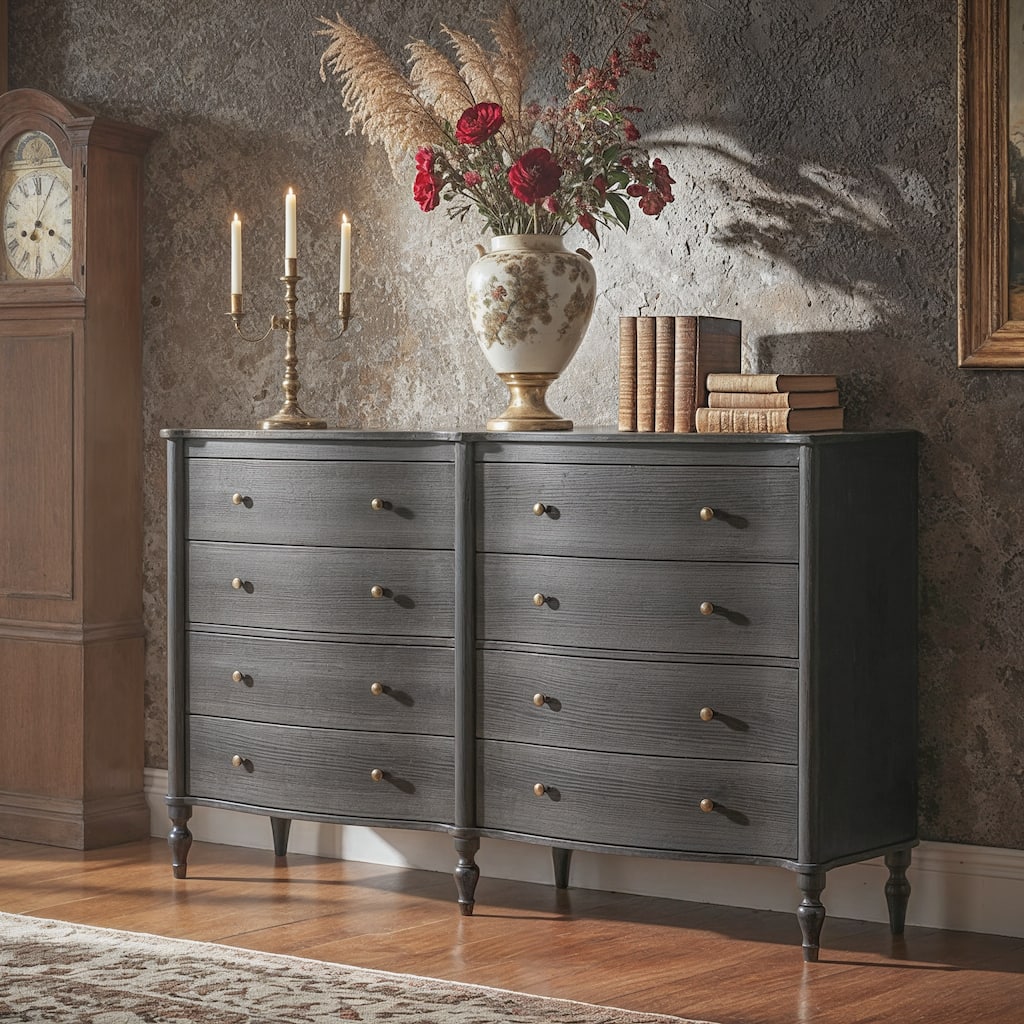 Elegant 8-Drawer Dresser with Solid Wood Legs, Vintage Curved Front Chest of Drawers for Bedroom Storage