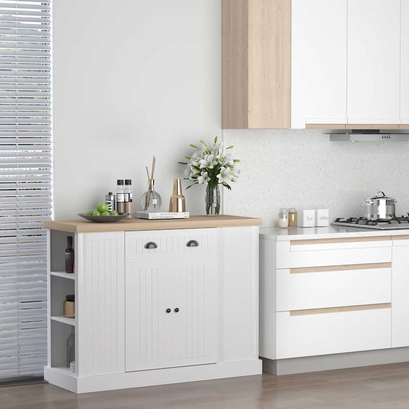 HOMCOM Fluted-Style Wooden Kitchen Island, Storage Cabinet with Drawer, Open Shelving, and Interior Shelving for Dining Room