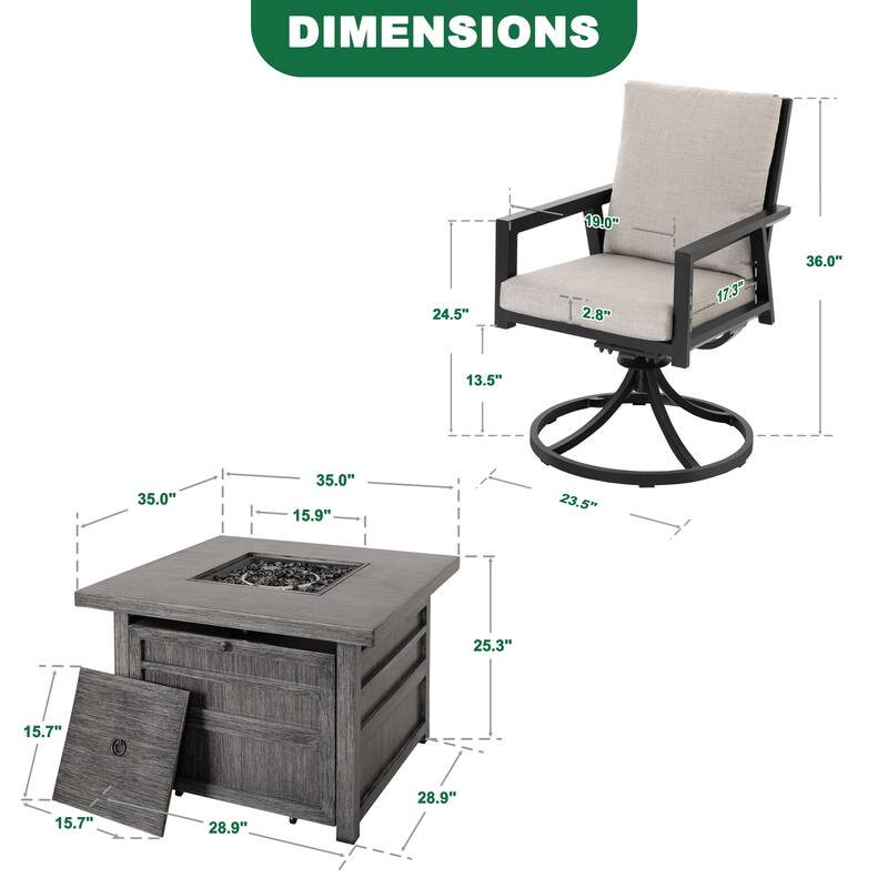 5-Piece Fire Pit Set with 4 Swivel Chairs, Aluminum Frame, Gray