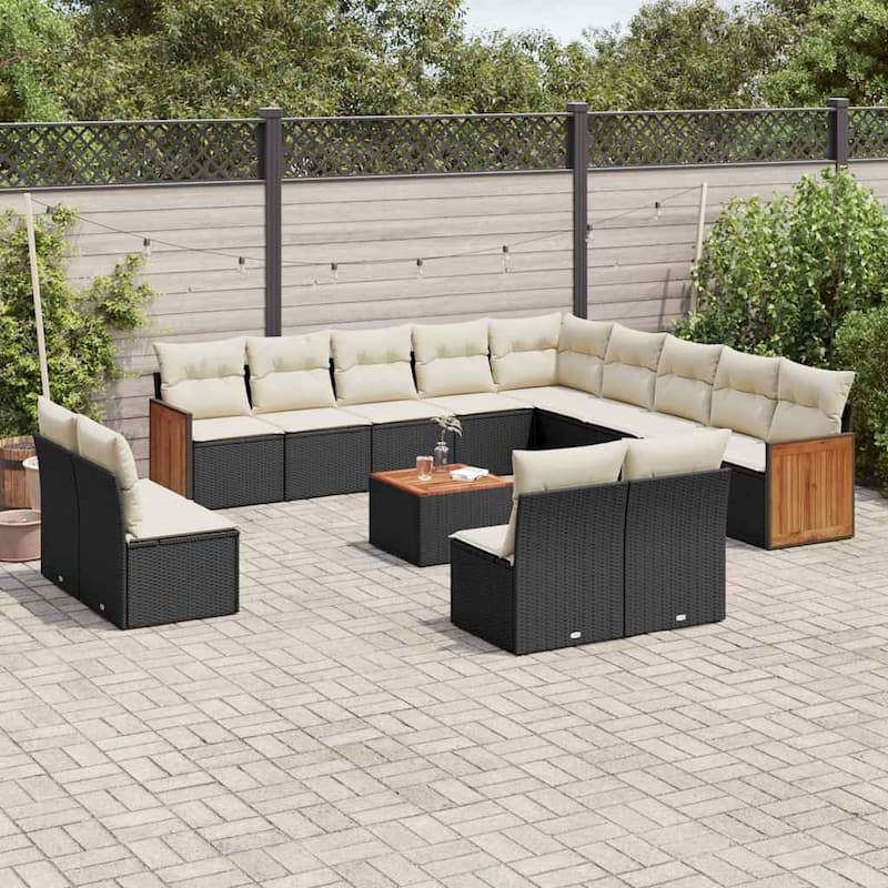 vidaXL Patio Sofa Set with Cushions Outdoor Conversation Furniture Poly Rattan - Black and cream with table - 21.7 x 21.7 x 14.6 in