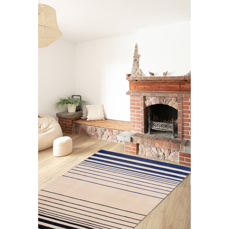 ECARPETGALLERY Hand Loomed Kashkuli Gabbeh Cream, Navy Wool Rug - 5'3 x 7'7