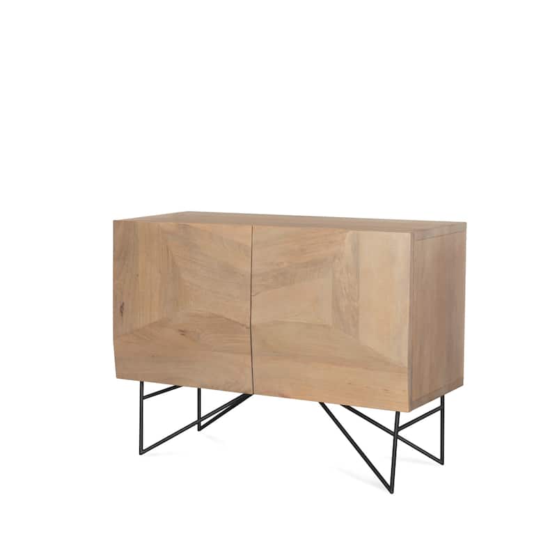 HomeRoots 44" Natural and Black Solid Wood and Metal Carved Geometric Accent Cabinet With Two Doors