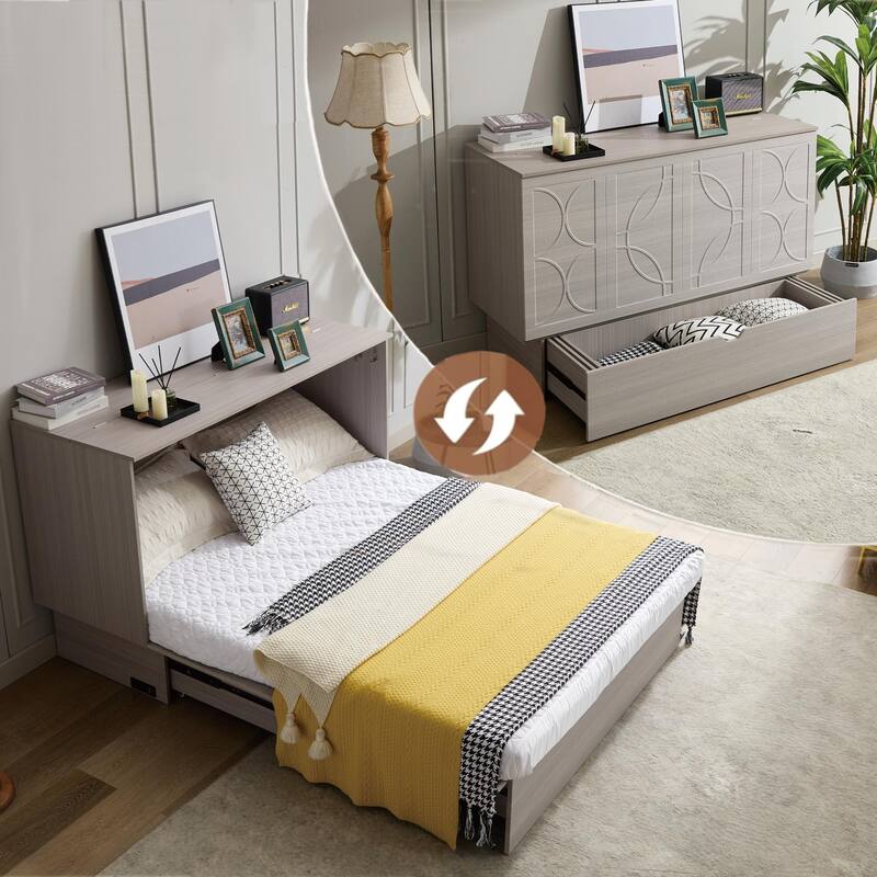 Cabinet Bed with Storage,Folding Foam Mattress& Oversized Drawers,Space-Saving Folding Murphy Bed,Set of Sockets & USB Ports