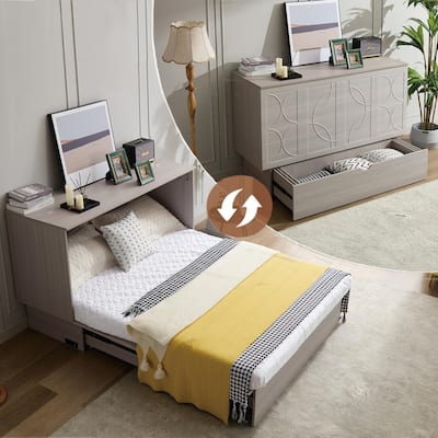 Queen Size Murphy Bed Cabinet with Storage Drawer, Folding Foam Mattress, USB & AC Charging Ports, and Smooth Glide Mechanism