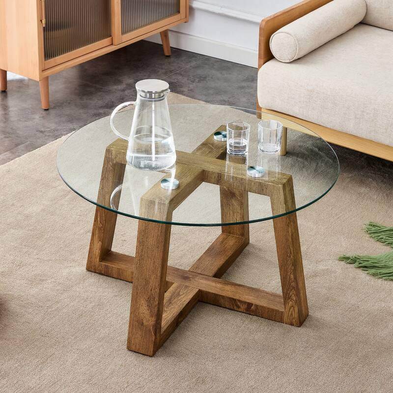 31.5" Modern Round Coffee Table with Tempered Glass Tabletop and Stable Base for Living Room