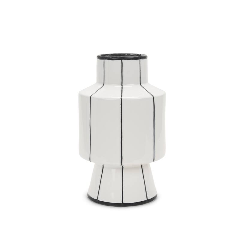 13" White And Black Striped Ceramic Cylinder Table Vase - 8.07