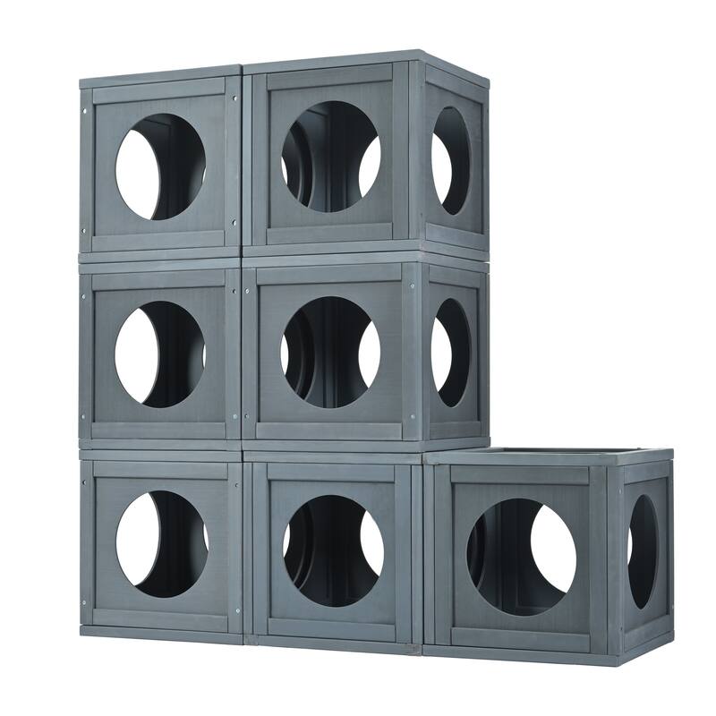 Outdoor Cat Catio Enclosure with Double Enter Doors & Climbing shelves, Weatherproof Pine Wood Playground with 7 Wood Boxes