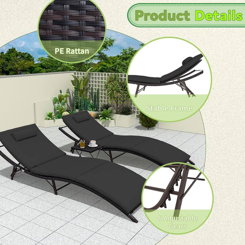 3-Pieces Wicker Outdoor Chaise Lounge Set w/ Two Foldable Lounge Chairs and one Side Table