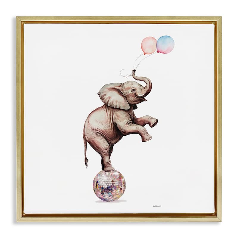 Stupell Elephant & Balloons Disco Framed Floater Canvas Wall Art Design By Amanda Greenwood - 18 x 18 - Gold