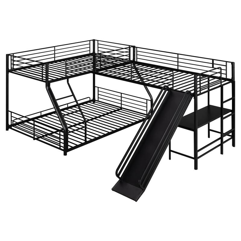 L-Shaped Twin over Full Bunk Bed with Loft, Built-in Desk, and Slide, Black