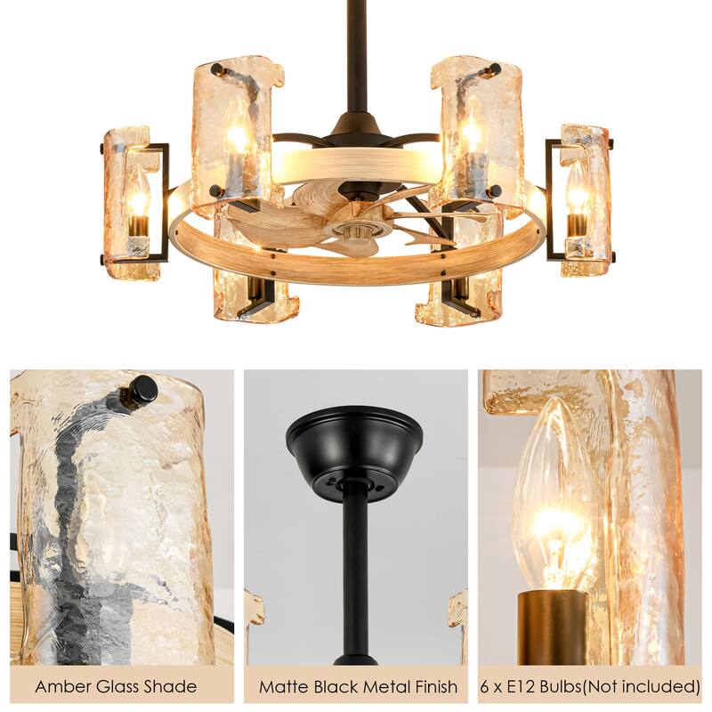 26.4 in. 6-Light Farmhouse Wood Finish Drum Ceiling Fan with Amber Glass Shades and Remote Control - 26.38 in. W x 7.87 in. H