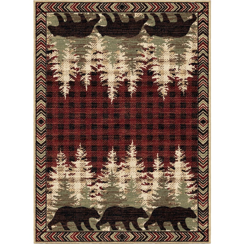American Destination Lodge Bear Plaid Rug - 5'3"x7'3" - Red