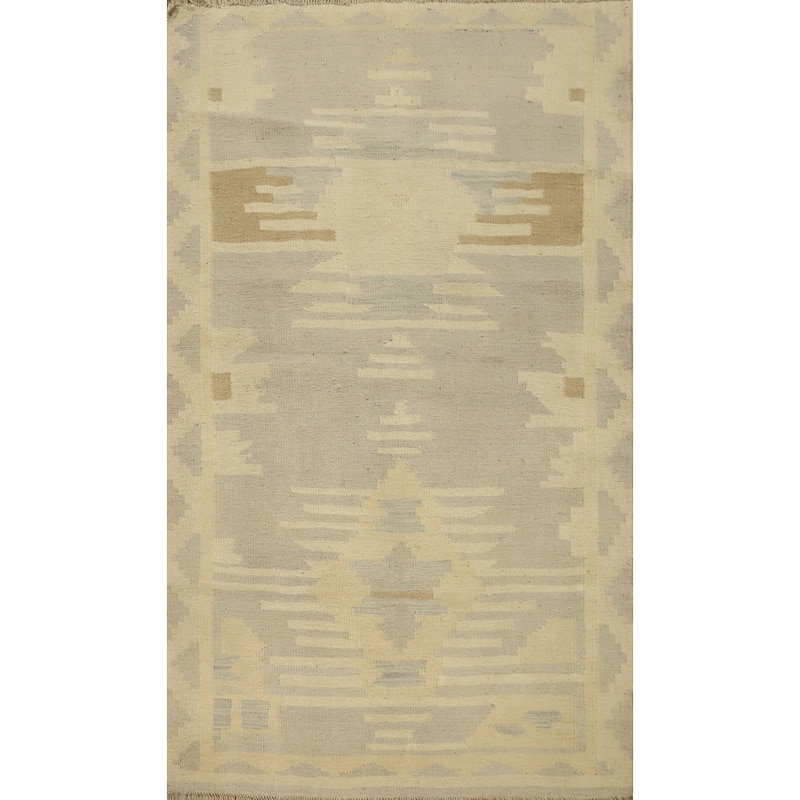 Hand Woven Oriental 100% Wool Carpet Southwestern Tribal Greys & Charcoal Kilim Area Rug - 4' 9'' X 3' 2''