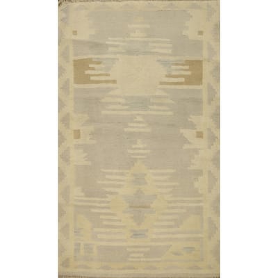 Hand Woven Oriental 100% Wool Carpet Southwestern Tribal Greys & Charcoal Kilim Area Rug - 4' 9'' X 3' 2''