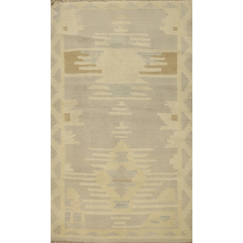 Hand Woven Oriental 100% Wool Carpet Southwestern Tribal Greys & Charcoal Kilim Area Rug - 4' 9'' X 3' 2''