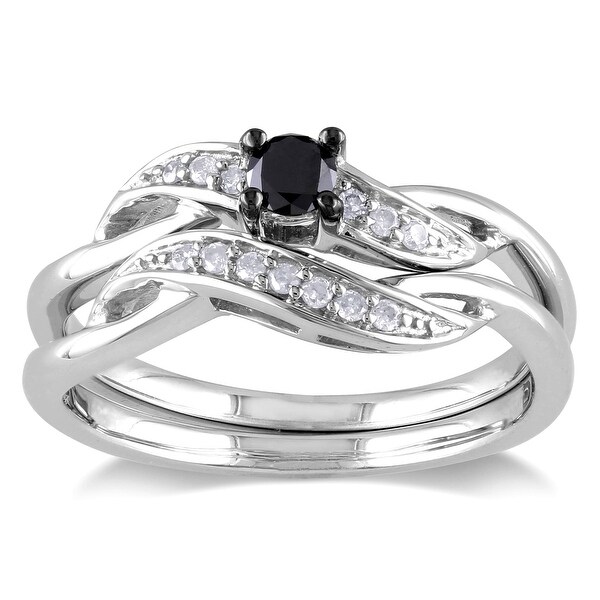 Miadora Sterling Silver 1/4ct TDW Black and White Diamond Crossover Bridal Ring Set. Opens flyout.