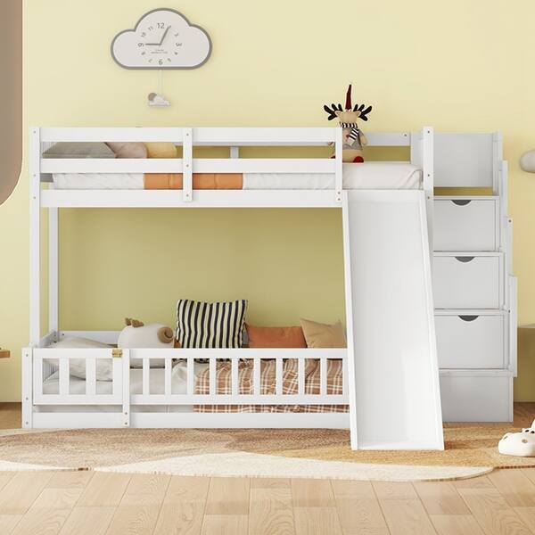 slide 2 of 9, Twin Over Full Bunk Bed with Slide, Storage Staircase, Pine Solid Wooden Bunk Bed with Safety Guardrails White