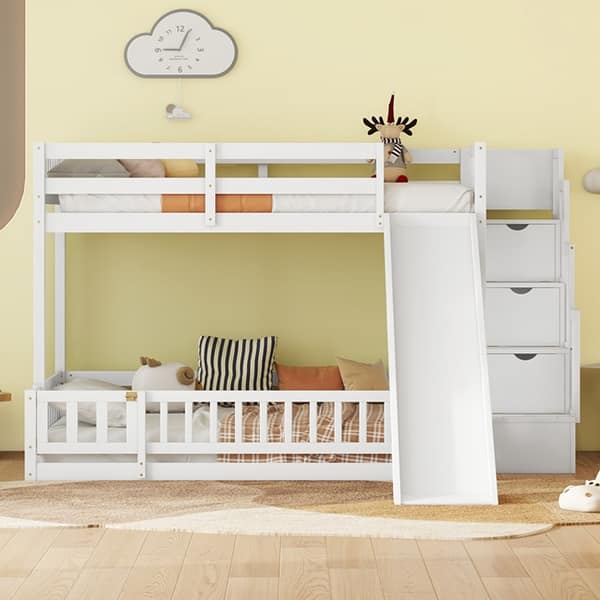 slide 2 of 18, Twin over Full Bunk Bed with Slide and Storage Staircase, Wooden Bunk Bed with Safety Guardrails White