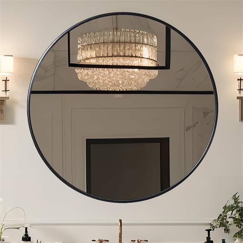 39" Metal Framed Round Mirror with Shatterproof Film and Hooks - Black