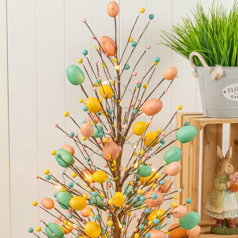 Glitzhome 36"H Easter Egg Berries Flower Urn Porch Tree with 20 Warm White Lights and Timer