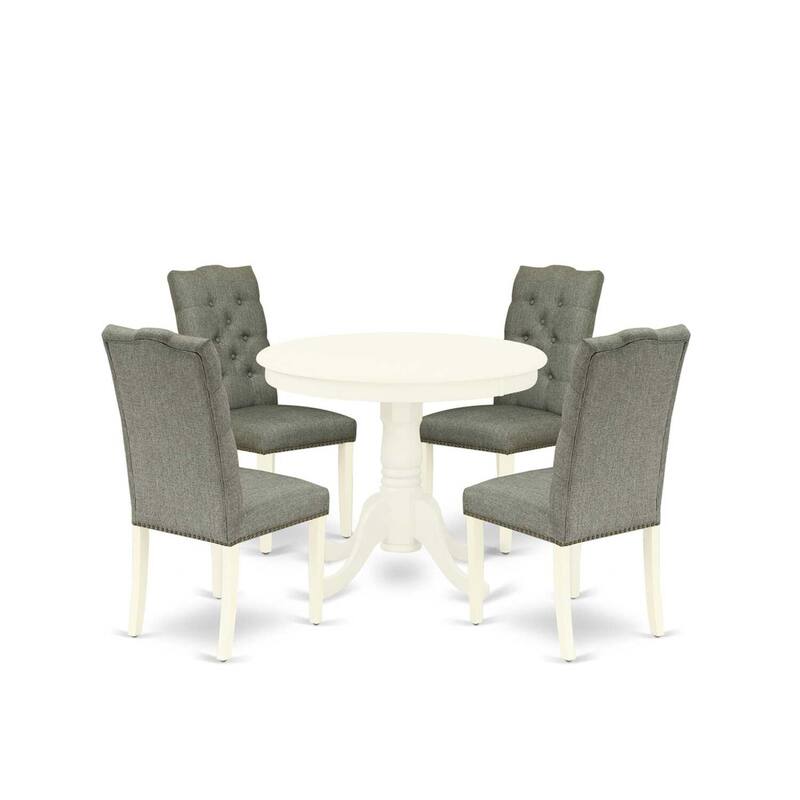 HomeStock 5-Piece Round Linen White Finish Solid Wood Top Dining Table with 4-Parson Chair with Lattice Back
