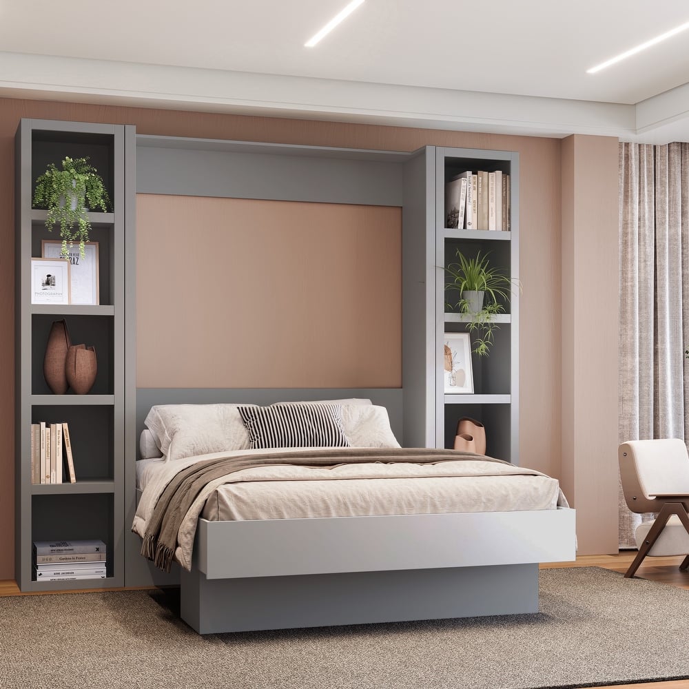 Easy-Lift Full Murphy Wall Bed with Two Bookshelves