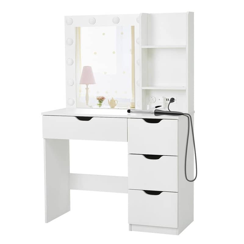 Modern Makeup Vanity with Mirror and Lights, 4 Drawers, 2 Shelves
