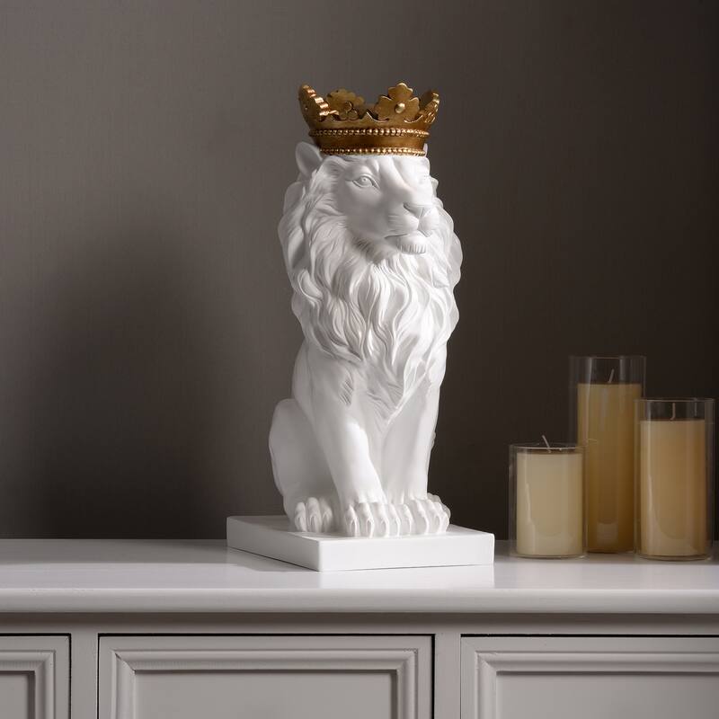Regal Lion with Crown Statue - 14.5" - White and Gold