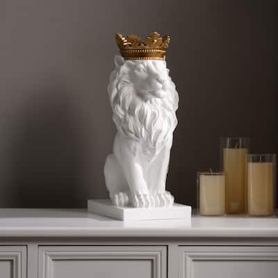 Regal Lion with Crown Statue - 14.5" - White and Gold